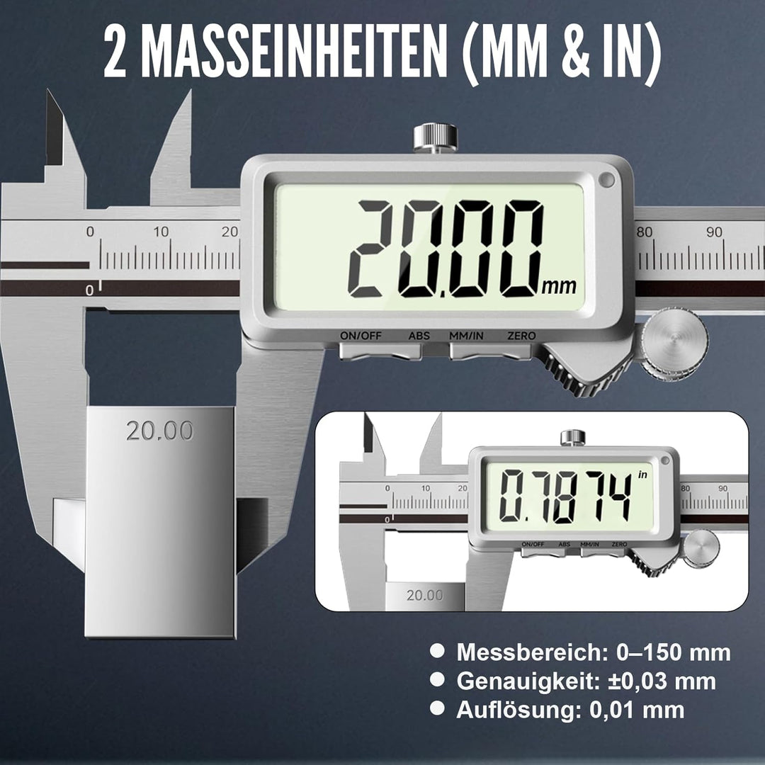 Digitaler Messschieber 150 mm - Wiederaufladbare Messschieber Digital Edelstahl mit Hochauflösendes
