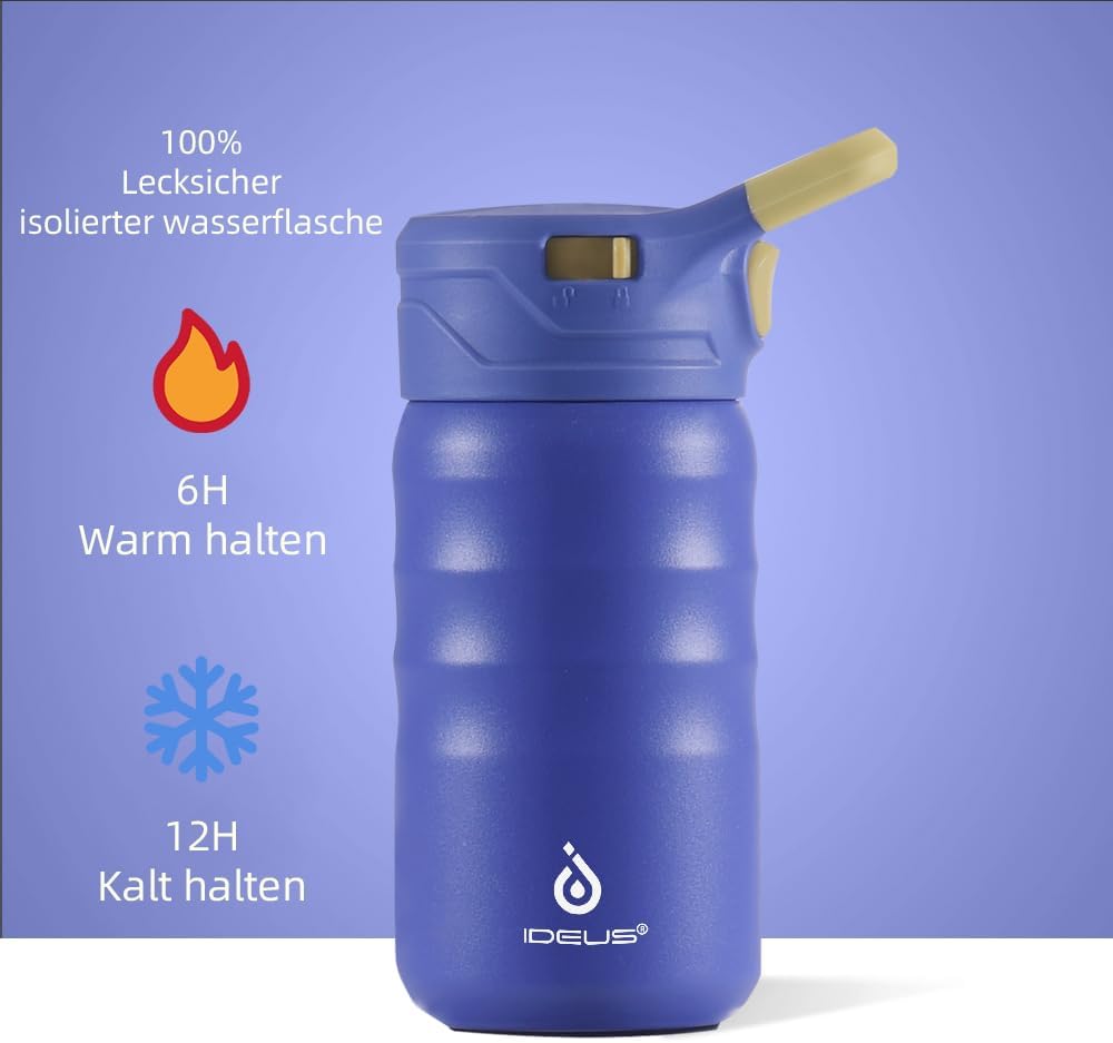 IDEUS Vakuumisolierte Wasserflasche, 12oz (360ml) Edelstahl Doppelwand Flasche Metall Sport Kantine