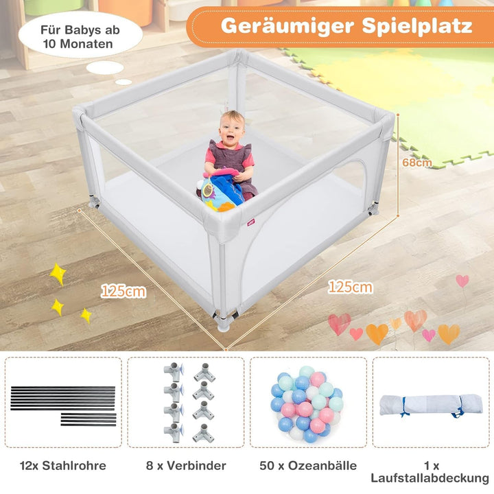 DREAMADE 120 x 120 cm Laufstall Baby, Laufgitter mit 50 Spielbällen & 2 Zugring, Schutzgitter mit At