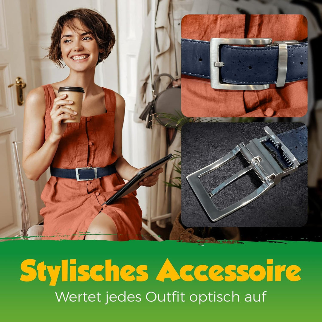 Kork-Gürtel | Wendegürtel aus Kork | Zweifarbig in BEIGE und BLAU | Moderner Naturgürtel mit silbern
