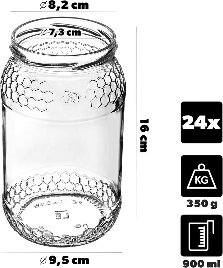 KADAX 24er Set Einmachgläser 900ml TO82 Gelbe Biene, Grosse Sturzgläser mit Schraubdeckel, Einkochgl