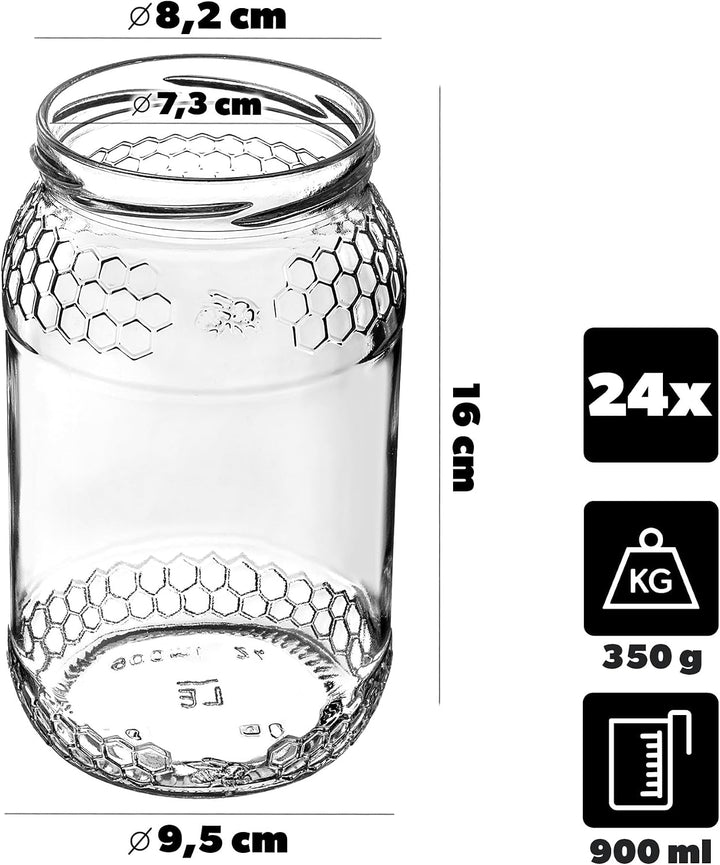 KADAX 24er Set Einmachgläser 900ml TO82 Gelbe Biene, Grosse Sturzgläser mit Schraubdeckel, Einkochgl