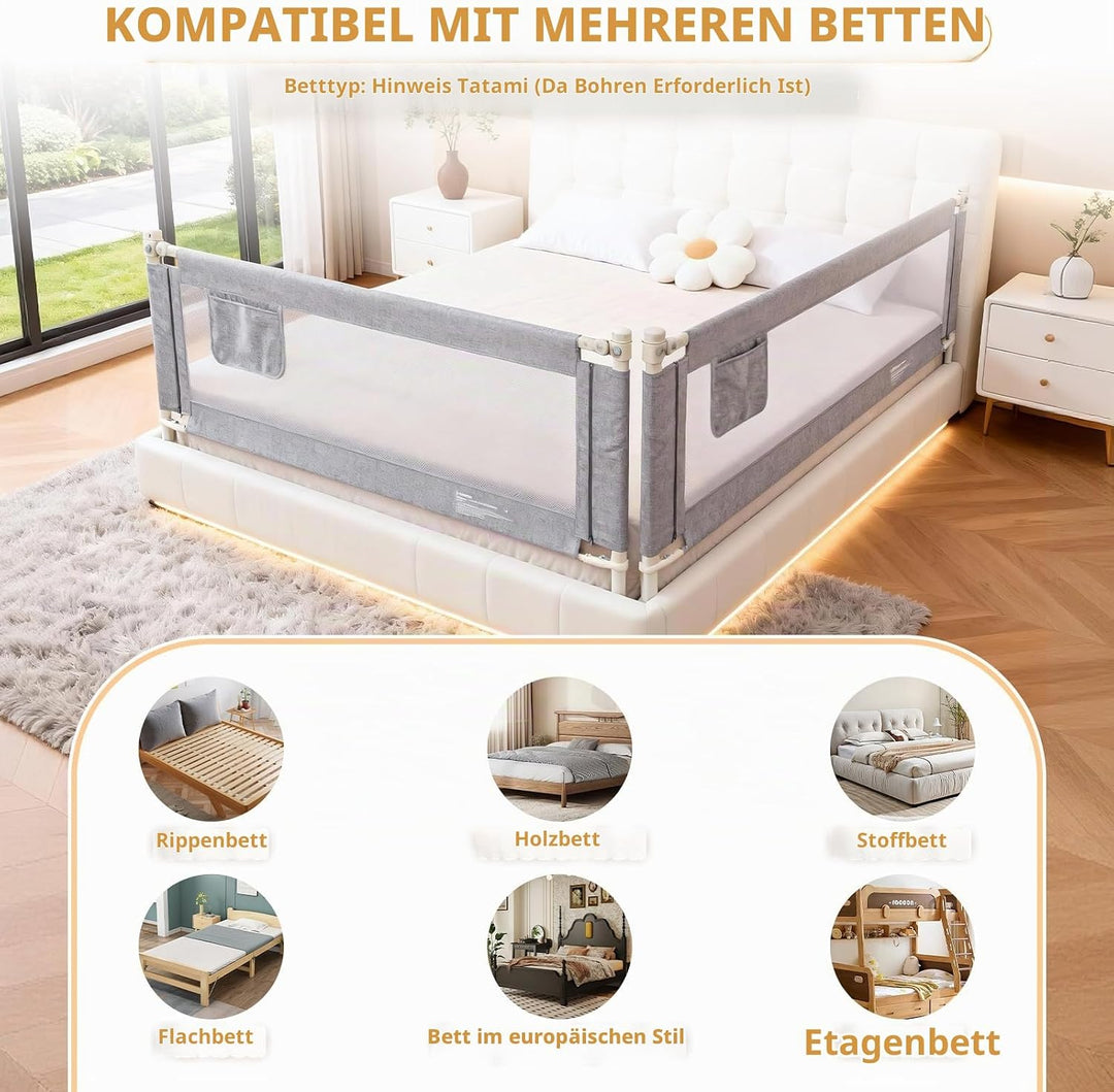 Huracan Bettgitter Baby 200cm, Höhenverstellbarer Rausfallschutz Bett für Boxspringbett, Elternbett,