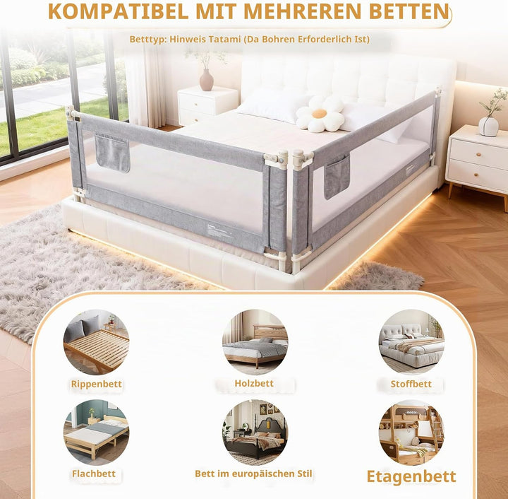 Huracan Bettgitter Baby 200cm, Höhenverstellbarer Rausfallschutz Bett für Boxspringbett, Elternbett,