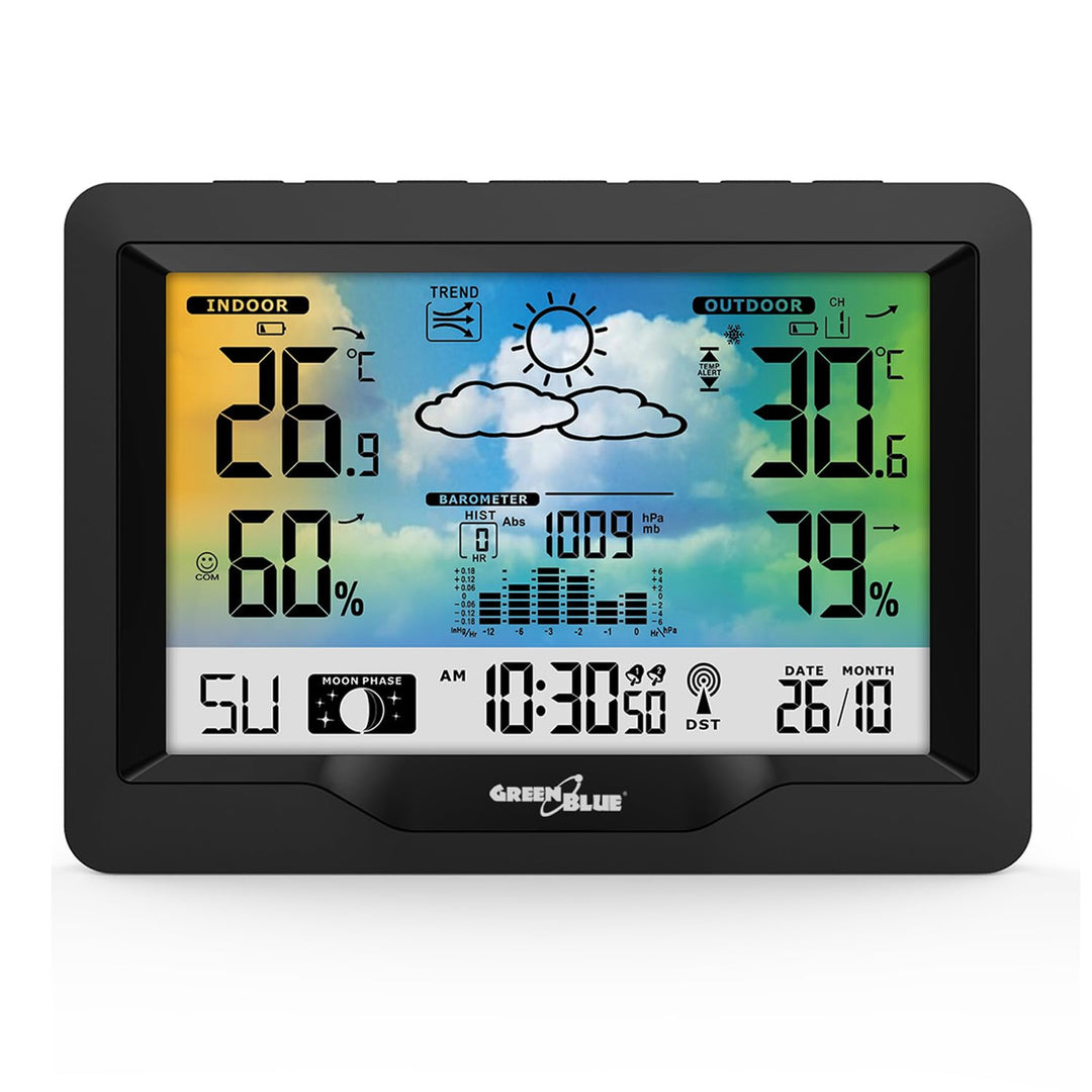 Green Blue GB540N Wetterstation mit Farbdisplay DCF Funkuhr | Innen- und Aussentemperatur, Wettervor