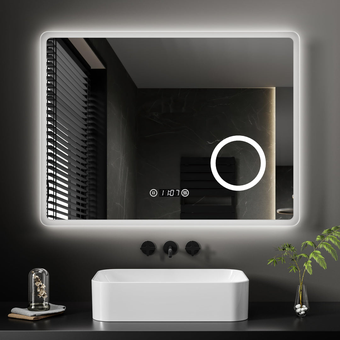 EMKE® 7 in 1 LED Badspiegel 80x60cm Badspiegel mit Beleuchtung 3000K/4000K/6500K Touch+Dimmbar+Besch