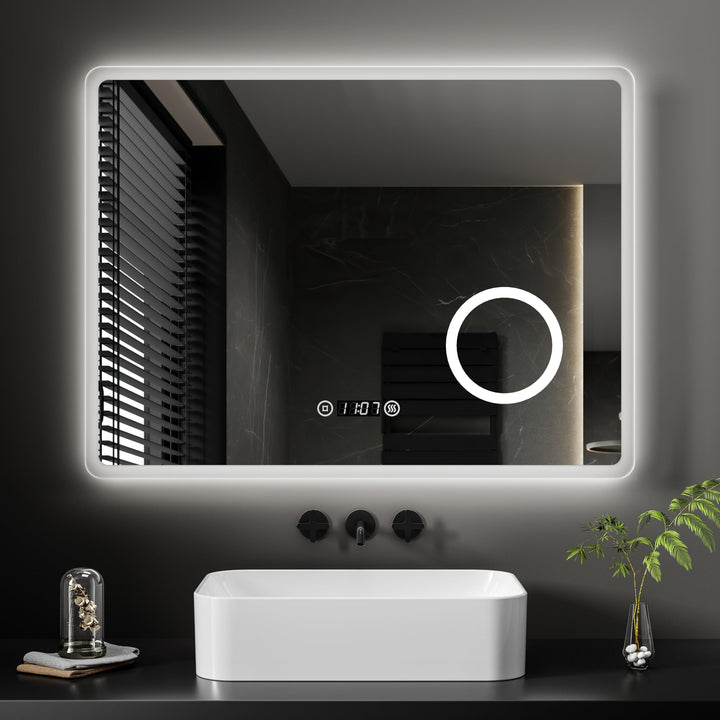 EMKE® 7 in 1 LED Badspiegel 80x60cm Badspiegel mit Beleuchtung 3000K/4000K/6500K Touch+Dimmbar+Besch