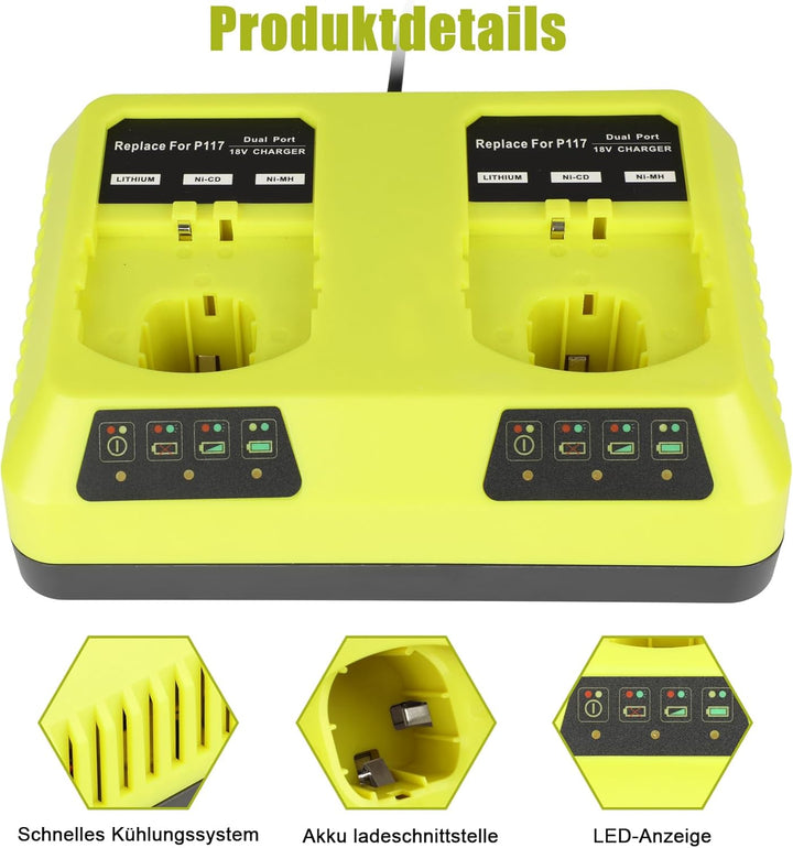 KUNLUN Ersatzladegerät für Ryobi Akku 18V, 3A Doppelladegerät P117 für Ryobi 18v ONE+ P108 P107 P105
