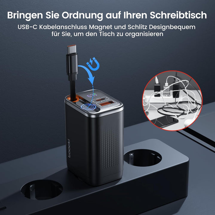 toocki USB C Ladegerät, 3Port GaN Mehrfach Ladegerät mit Schnell Einziehbares Ladekabel,67W USB C Ne
