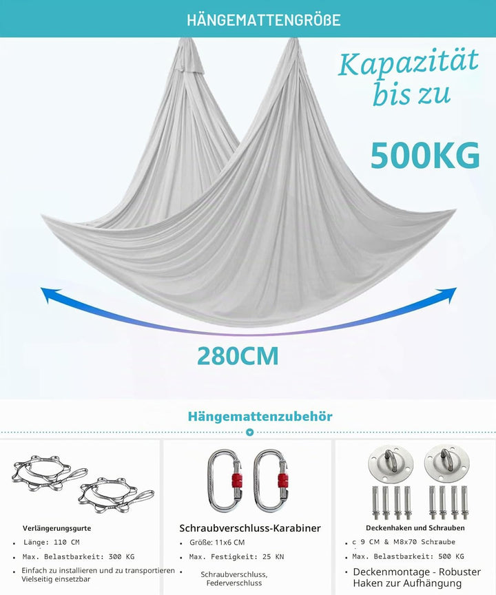 Yoga-Set für Erwachsene, Yoga-Zubehör, 500 kg Belastung, inkl. Kompletter Installationshardware Grey