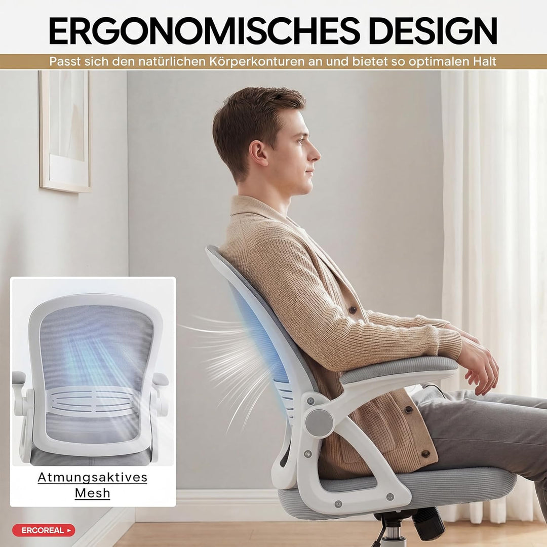 Ergonomischer Bürostuhl, 90-110° Verstellbare Rückenlehne & Aufklappbare Armlehnen (90°), Bürostuhl