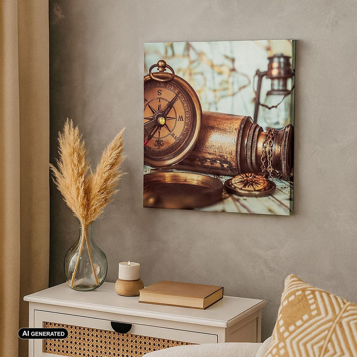 Bilder auf Leinwand Kompass Teleskop Abenteuer antik Leinwandbild 60x60cm Wandbilder Dekoration Wohn