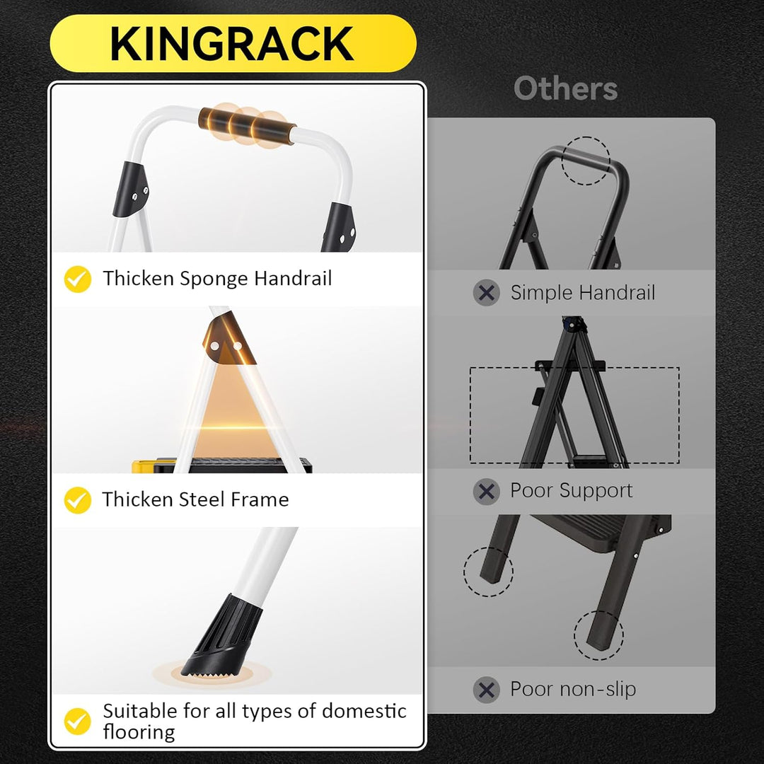 KINGRACK Trittleiter 3 Stufen klappbar 360KG belastbarer mit Sicherheitsverriegelung, rutschfestem B