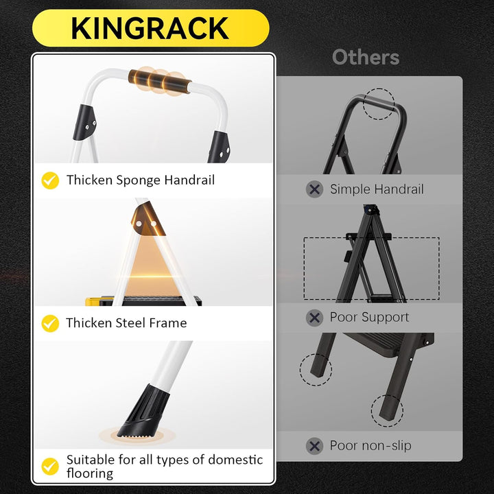 KINGRACK Trittleiter 3 Stufen klappbar 360KG belastbarer mit Sicherheitsverriegelung, rutschfestem B