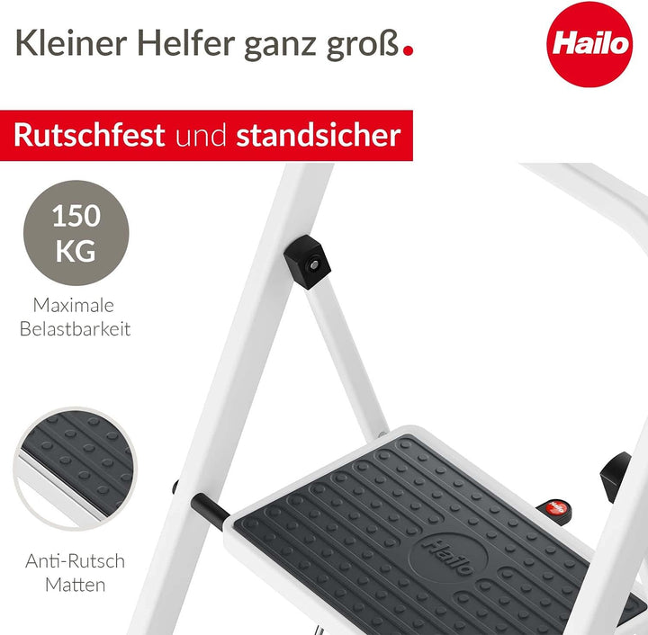 Hailo HobbyStep Stahl-Klapptritt-Leiter - 3 breite Stahl-Stufen mit Anti-Rutsch-Matten belastbar bis