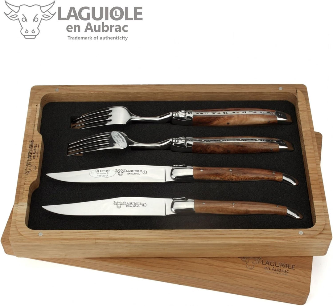 Laguiole en Aubrac - 2 Steakmesser und 2 Gabel Besteck-Set - Griff alte Weinrebe - Original Frankrei