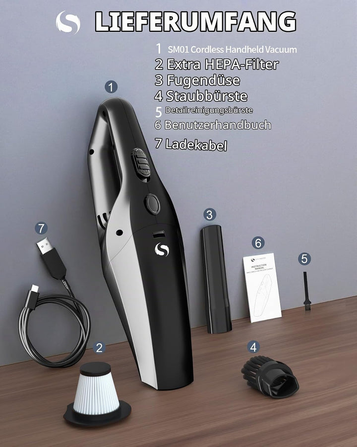 Handstaubsauger Akku, leistungsstarker Autostaubsauger, Mini Staubsauger mit Schnellladung und wasch