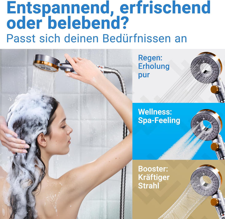 LOBENSWERK Duschkopf mit Filter [3 Modi - inkl. Booster] Duschkopf wassersparend mit Mineralperlen |