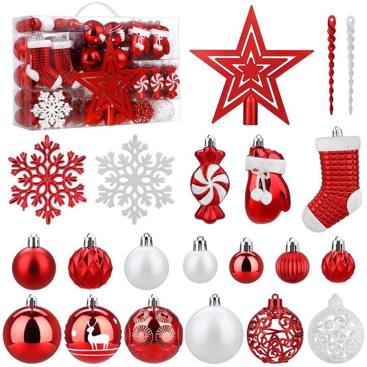 SOLEDI® 128er Set Premium Weihnachtskugeln Kunststoff Rot Weiss mit Baumspitze Stern - Robuste und S