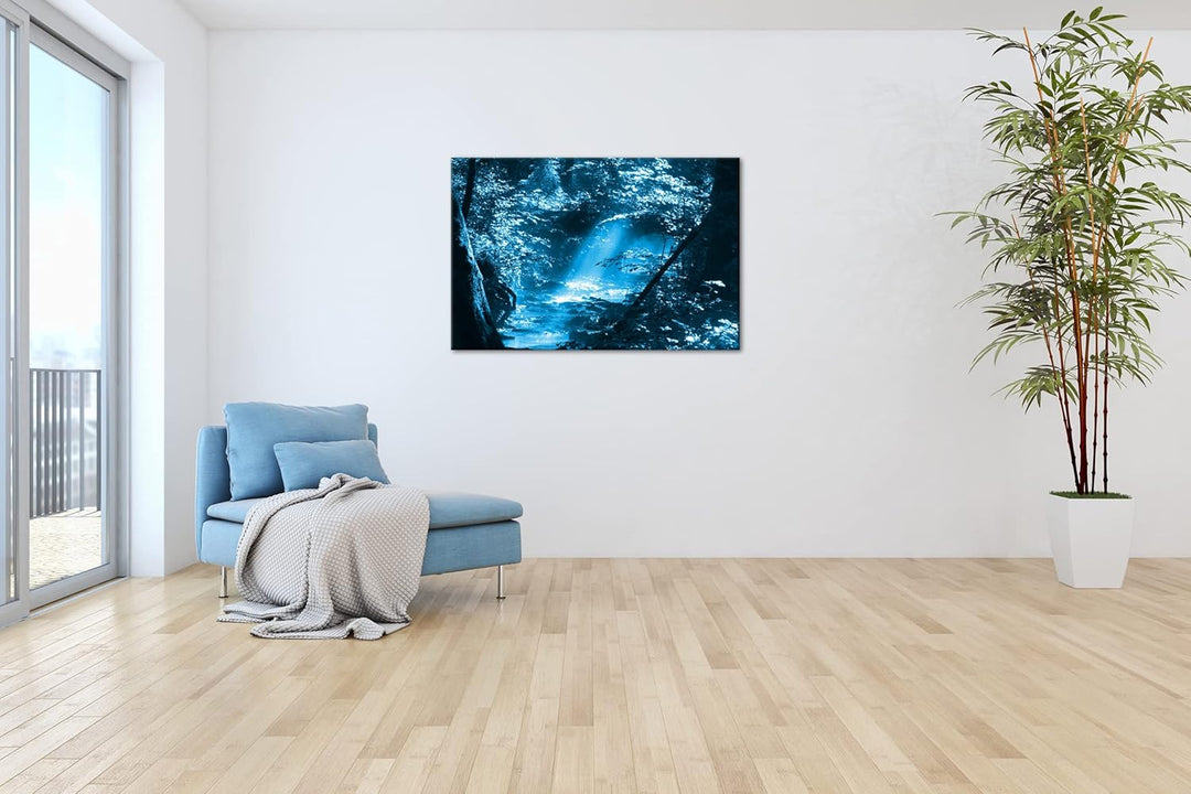 deyoli kleiner Bach im Wald Format 100x70 Effekt: Monocrome Blau als Leinwandbild, Motiv fertig gera