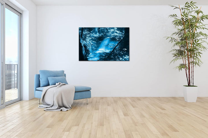 deyoli kleiner Bach im Wald Format 100x70 Effekt: Monocrome Blau als Leinwandbild, Motiv fertig gera