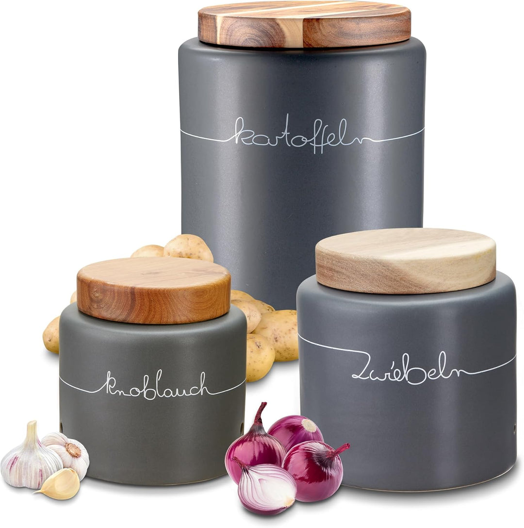 KHG Kartoffel Zwiebel Knoblauch Aufbewahrung 3er Set, Keramik Steingut poliert, Anthrazit Grau Holz