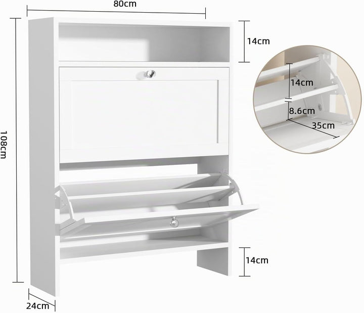 VOWNER Schuhschrank mit 2 Klappen, Schuhregal Schuhkipper Weiss 80x24x108cm | Schuhkipper Schmal mit
