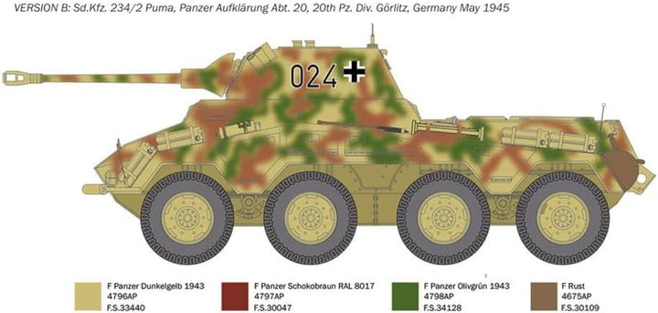 Italeri 6572 6572S 1:35 Dt. SdKfz. 234/2 Puma 8-Rad-originalgetreue Nachbildung, Modellbau, Plastik