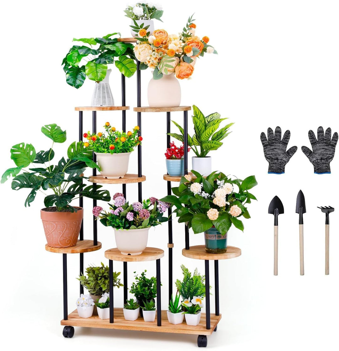 Blumenständer mit Rollen 9 Etagen Pflanzenregal Holz Pflanzentreppe Hoch Blumentreppen Metall Blumen