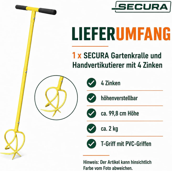 SECURA Gartenkralle und Vertikutierer Handvertikutierer 4 Zinken, höhenverstellbarer Kultivator Erdk
