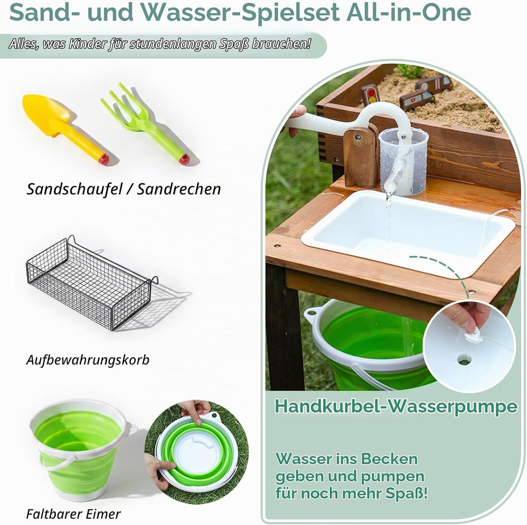 WOODENFUN Matschküche für Kinder Outdoor Sandkasten mit Dekoration Holz Zubehör, Spülen, Eimer, Sand