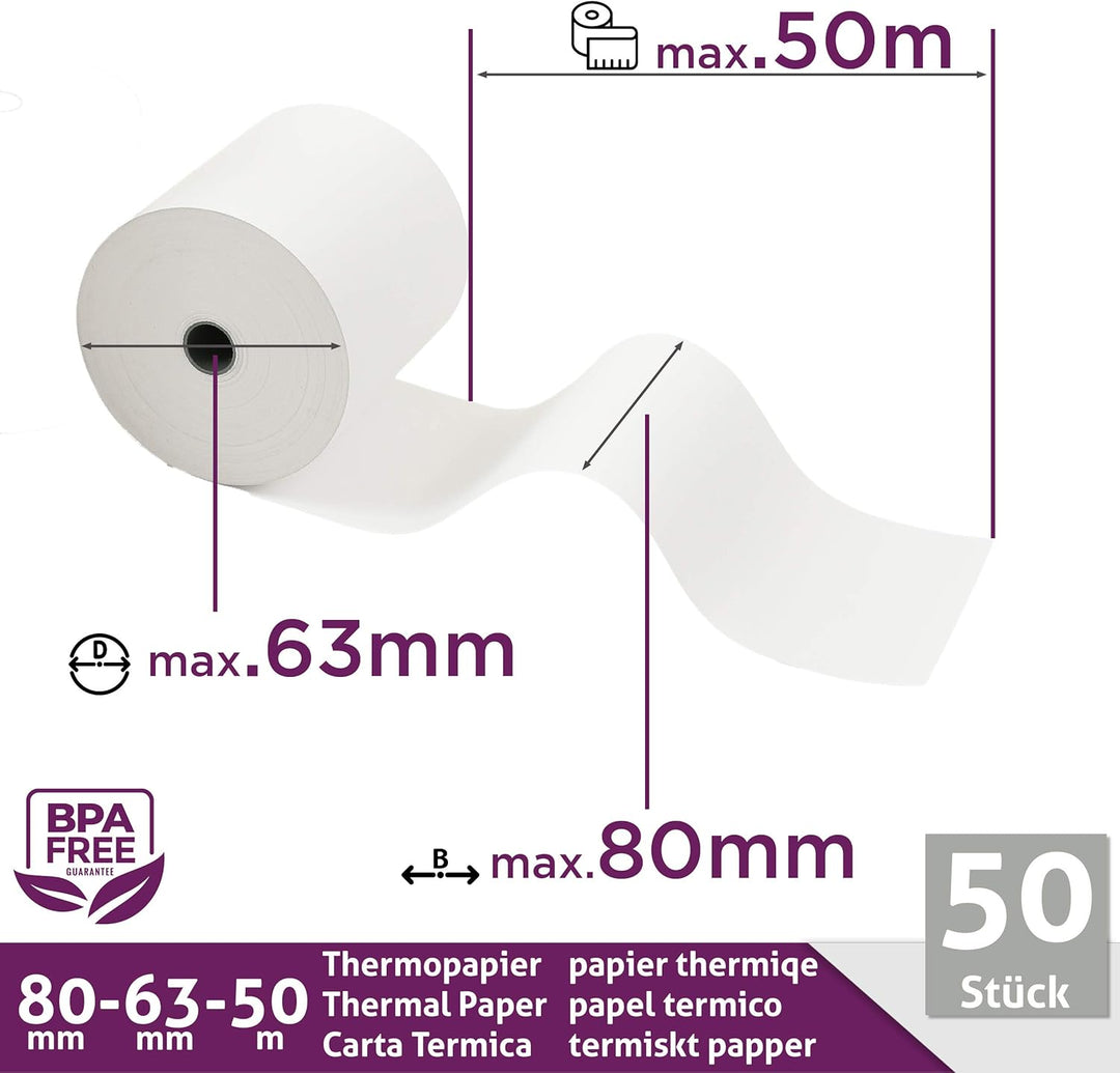 Thermorollen/Bonrollen/Kassenrollen 80mm x 50m x 12mm (80x63x12) für alle gängigen Thermopapier Kass