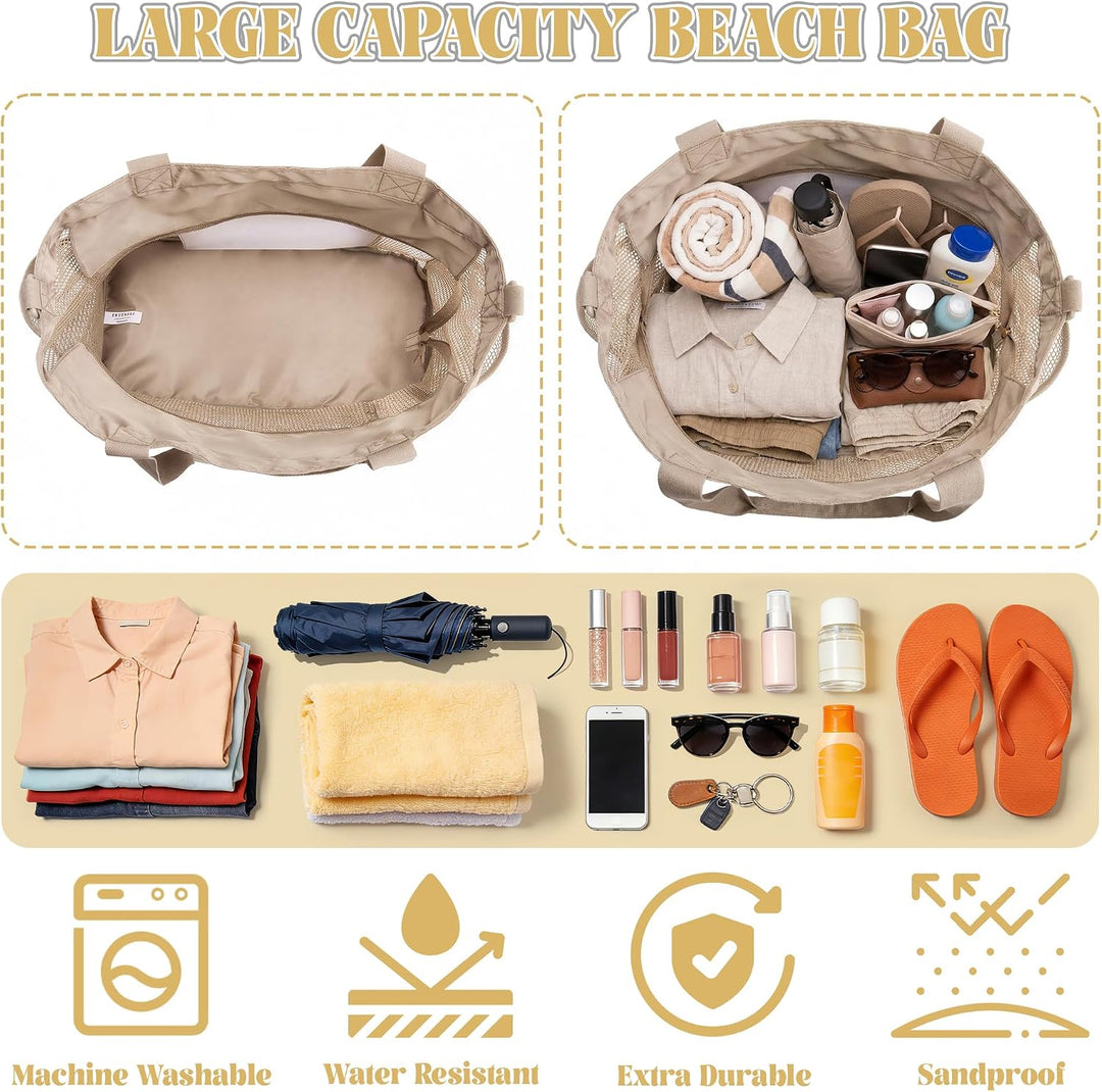 Strandtasche mit Kühlfach - Grosse Mesh Beach Bag wasserdicht mit Reissverschluss &amp; Fächern, Abnehmb