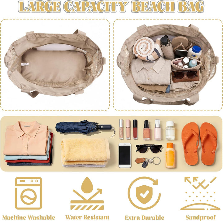 Strandtasche mit Kühlfach - Grosse Mesh Beach Bag wasserdicht mit Reissverschluss &amp; Fächern, Abnehmb