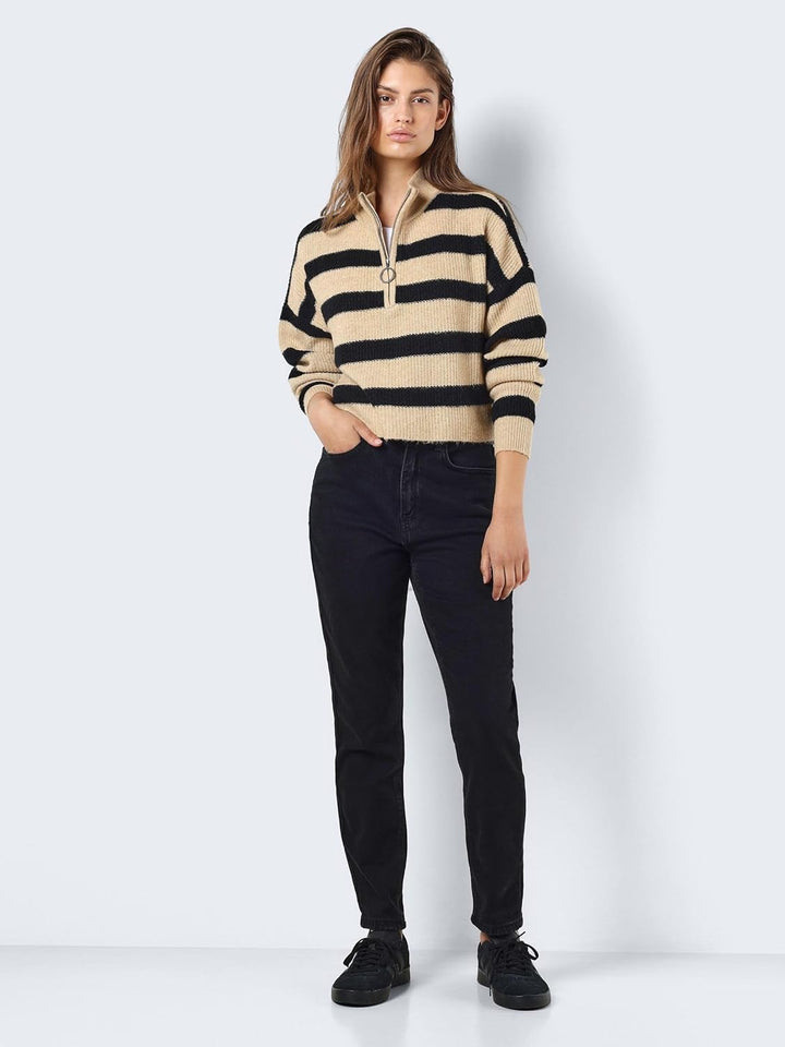 Noisy may Damen Nmnewalice L/S Half Zip Knit Noos Strickpullover XS Black/Stripes:irish Cream, XS Bl