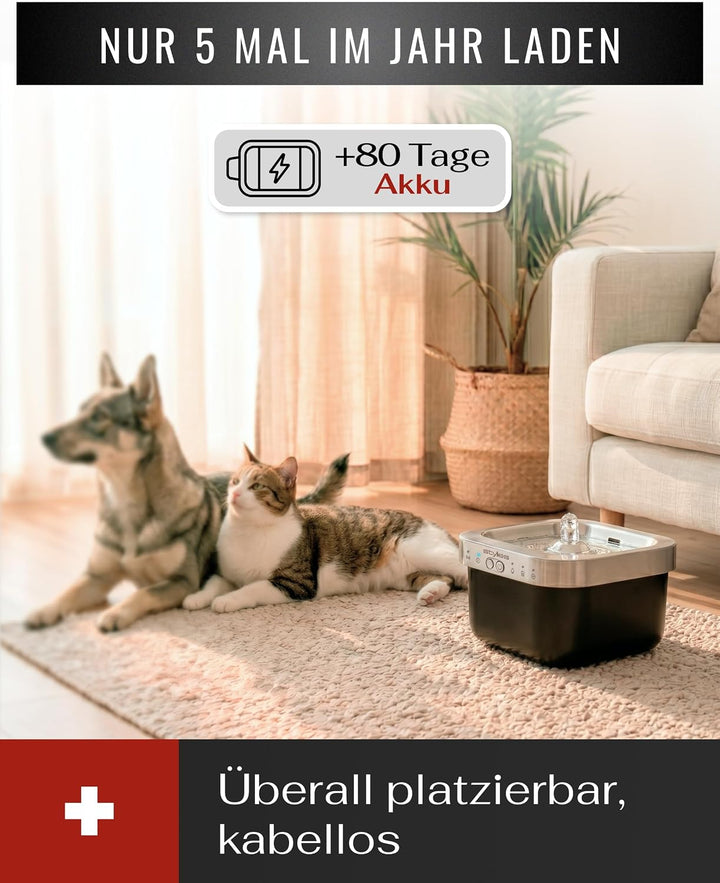 Katzenbrunnen kabellos, Trinkbrunnen Katze 2,5L, 5000mAh Akku bis 80 Tage, Bewegungsmelder, Hunde &amp;