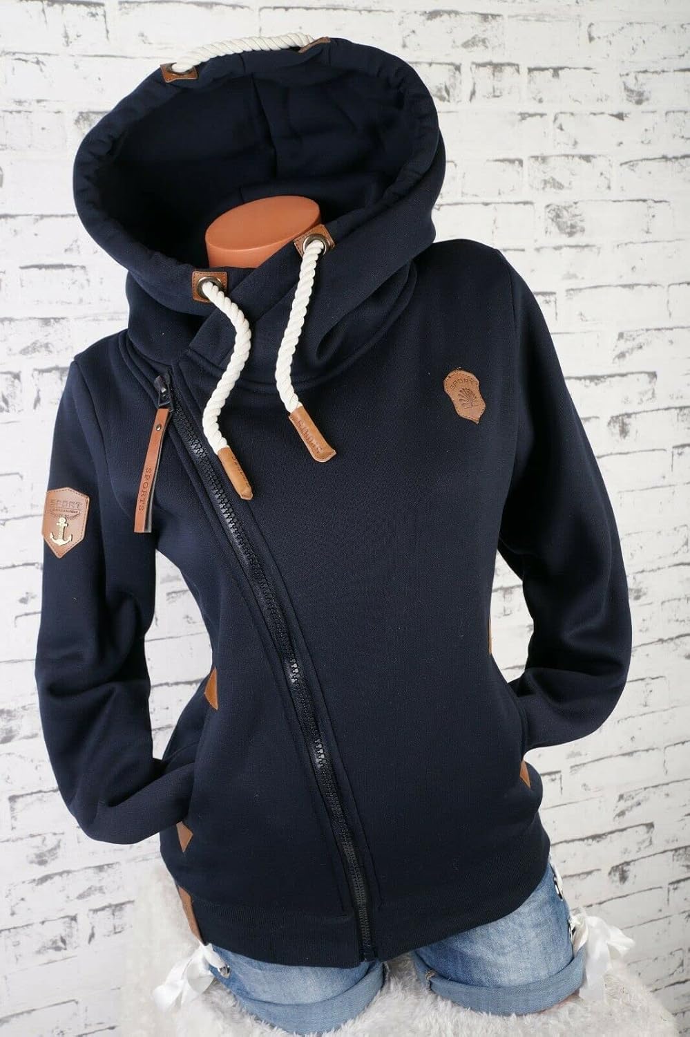 VIN TE Damen Sweat Jacke XXL Kapuze Hoodie Übergangsjacke Fleece gefüttert schräger Reissverschluss