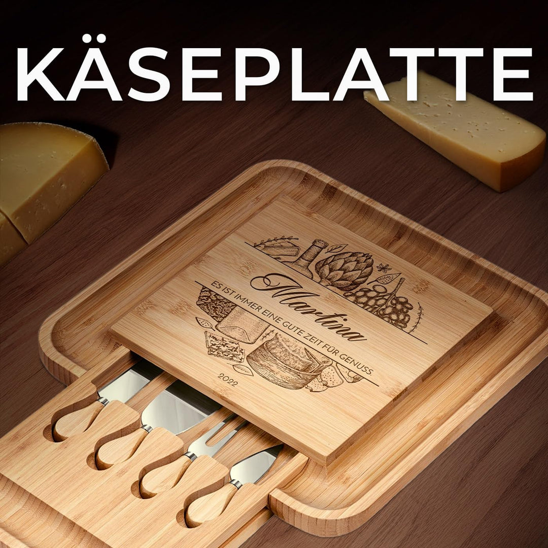 Maverton Käsebrett Servierplatte mit Gravur + 4er Käsemesser Set - aus Holz - 34x34cm - Geschenke fü