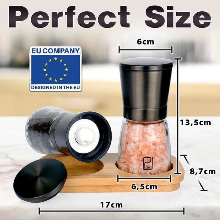 Schwarzes Edelstahl Gewürzmühle Set mit Ständer aus Bambus - Rotmetallgrauen Salz- und Pfeffermühlen