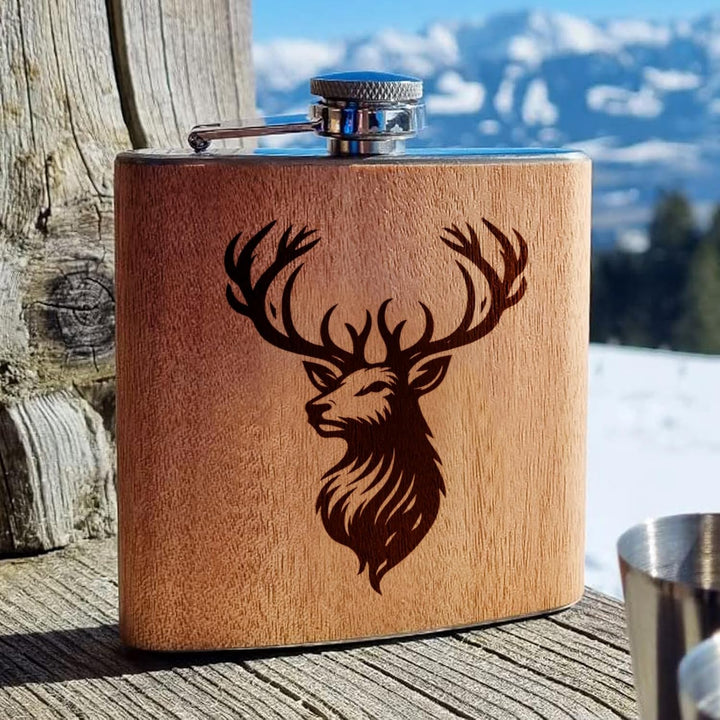 Holz Flachmann mit Hirsch Gravur | Accessoires Jagd Flachmann Jäger Geschenke für Männer mit Hirsch
