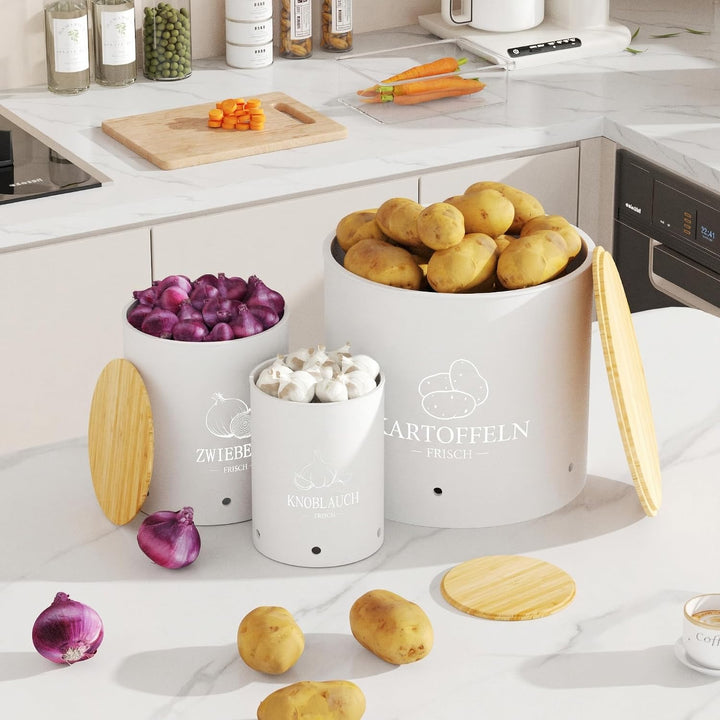 Kartoffel Aufbewahrungsbox 3er Set | Stapelbare mit Frischebelüftung, Kunststoff Kartoffelbox, Platz