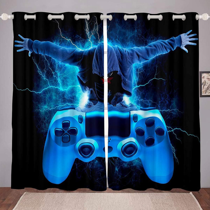 Tbrand Jungen Modern Gamer Blickdichte Vorhänge Blau Gamepad Fenstervorhang 137x117cm für Kinder Mäd