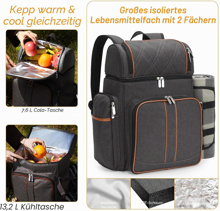 Picknick-Rucksack für 4 Personen, Picknickkorb-Set, auslaufsichere Picknicktasche, Strandkühlrucksac