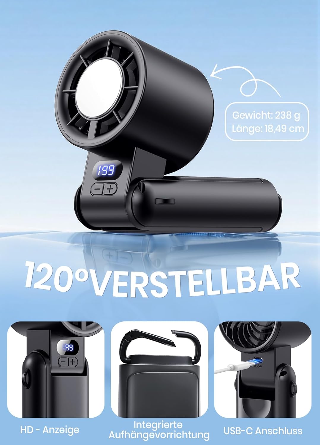 Handventilator Akku aufladbar mit LED-Display & Clip, 1-199 Stufen, 3-in-1 Ventilator für Hand, Nack