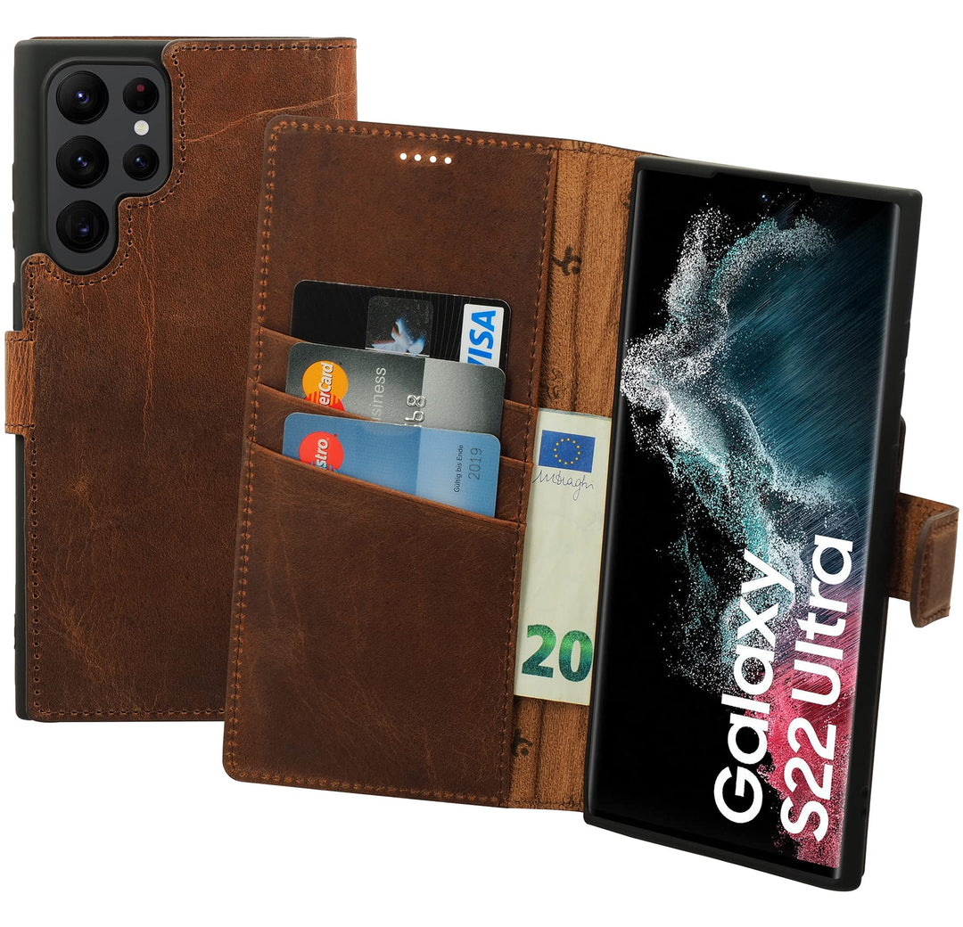 Suncase Book-Style Hülle kompatibel mit Samsung Galaxy S22 Ultra 5G Leder Tasche (Slim-Fit) Lederhül