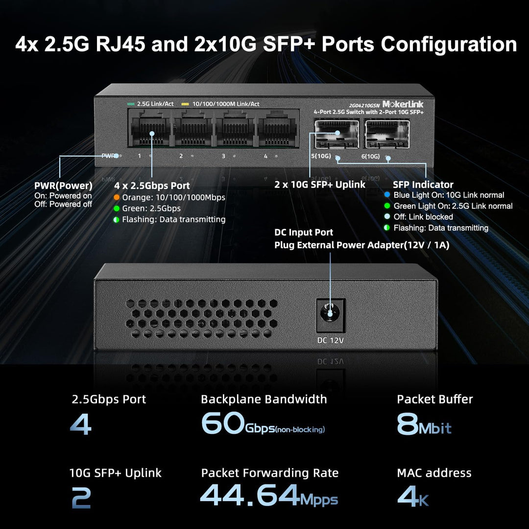 MokerLink 4 Port 2.5G Ethernet Switch mit 2x10G SFP+ Slot, 4x2.5G RJ45 Ports kompatibel mit 100/1000