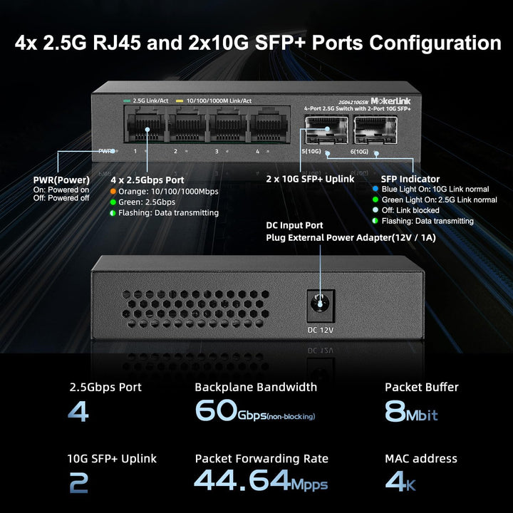 MokerLink 4 Port 2.5G Ethernet Switch mit 2x10G SFP+ Slot, 4x2.5G RJ45 Ports kompatibel mit 100/1000