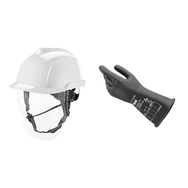MSA MSA-KAS-Vg950_W Helm für Elektriker, Weiss & Ansell ActivArmr E014B Elektriker-Schutzhandschuhe,