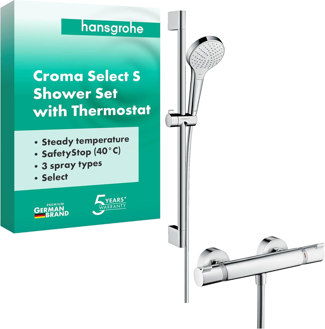 hansgrohe Croma Select S Thermostatset 0,65m, 3 Strahlarten, Weiss/Chrom, Weiss/Chrom