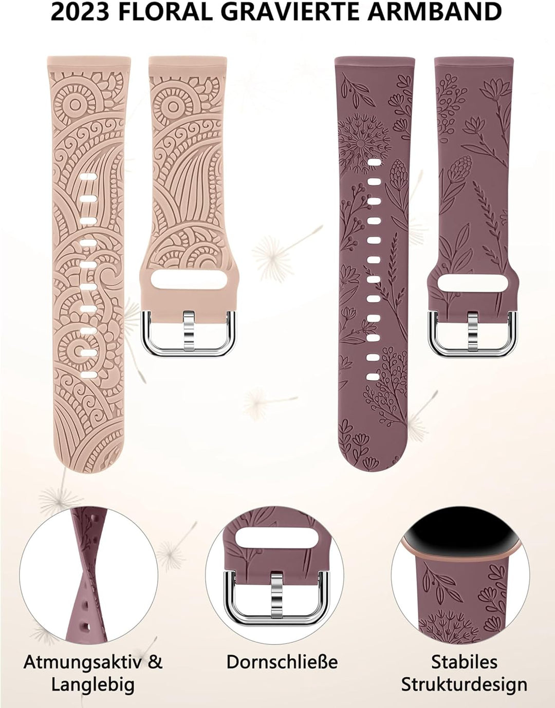 TOYOUTHS 2 Stück Floral Gravierte Armband kompatibel mit Fitbit Versa 4/Versa 3/Sense 2/Sense Armban